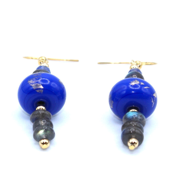 Labradorite Boucles Pépites Murano dorées à l'or fin - Labelle Ikeya Création Originale - Boucles d'oreilles
