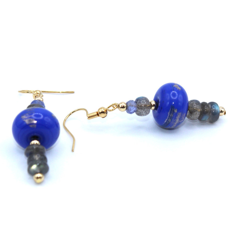 Labradorite Boucles Pépites Murano dorées à l'or fin - Labelle Ikeya Création Originale - Boucles d'oreilles