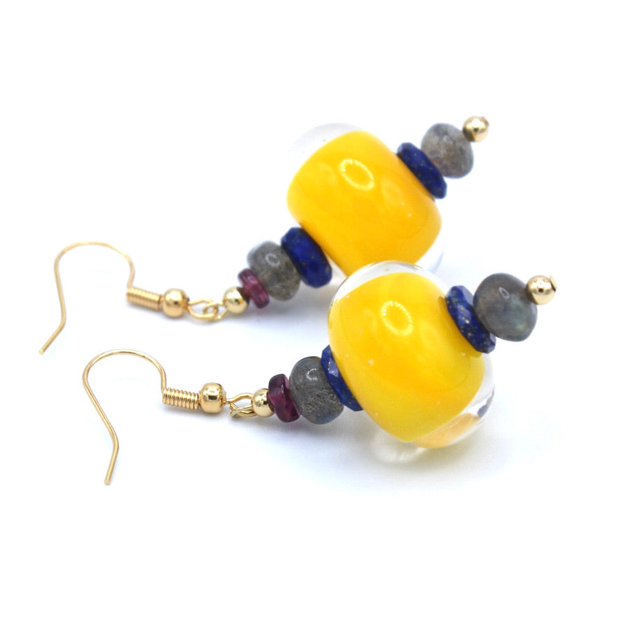 Labradorite Lapis Lazuli Grenat Murano dorées à l'or fin - Labelle Ikeya Création Originale - Boucles d'oreilles