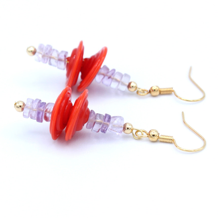 Améthyste Rose & Murano Orange dorées à l'or fin - Labelle Ikeya Création Originale - Boucles d'oreilles