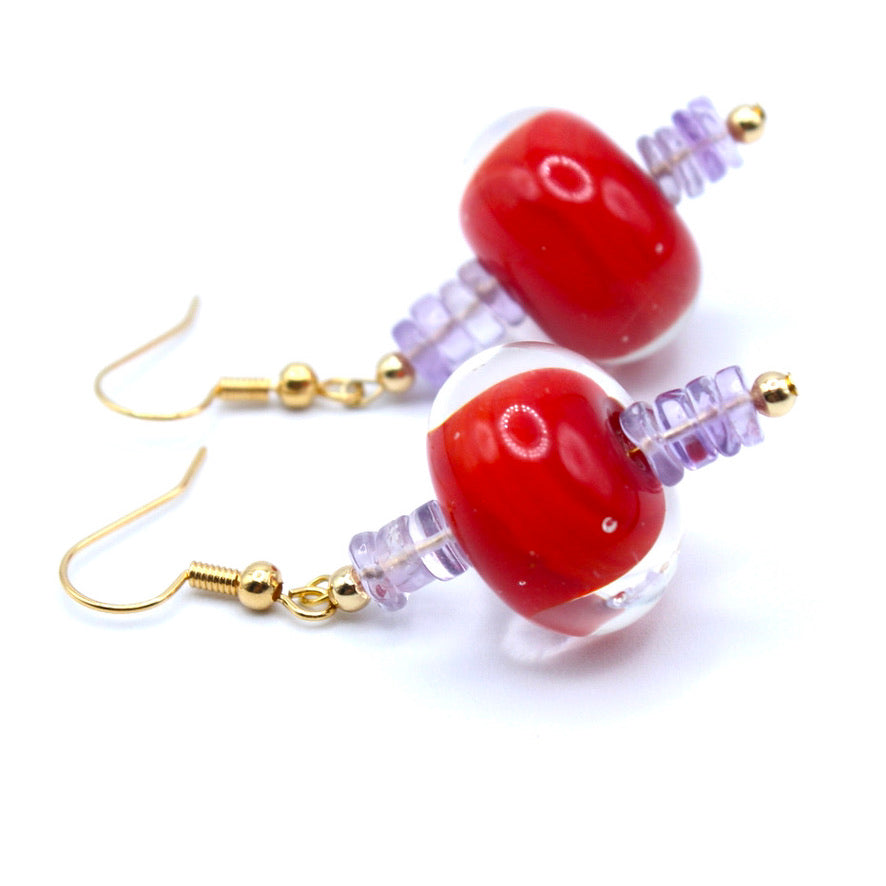 Améthyste Rose Passion Murano dorées à l'or fin - Labelle Ikeya Création Originale - Boucles d'oreilles