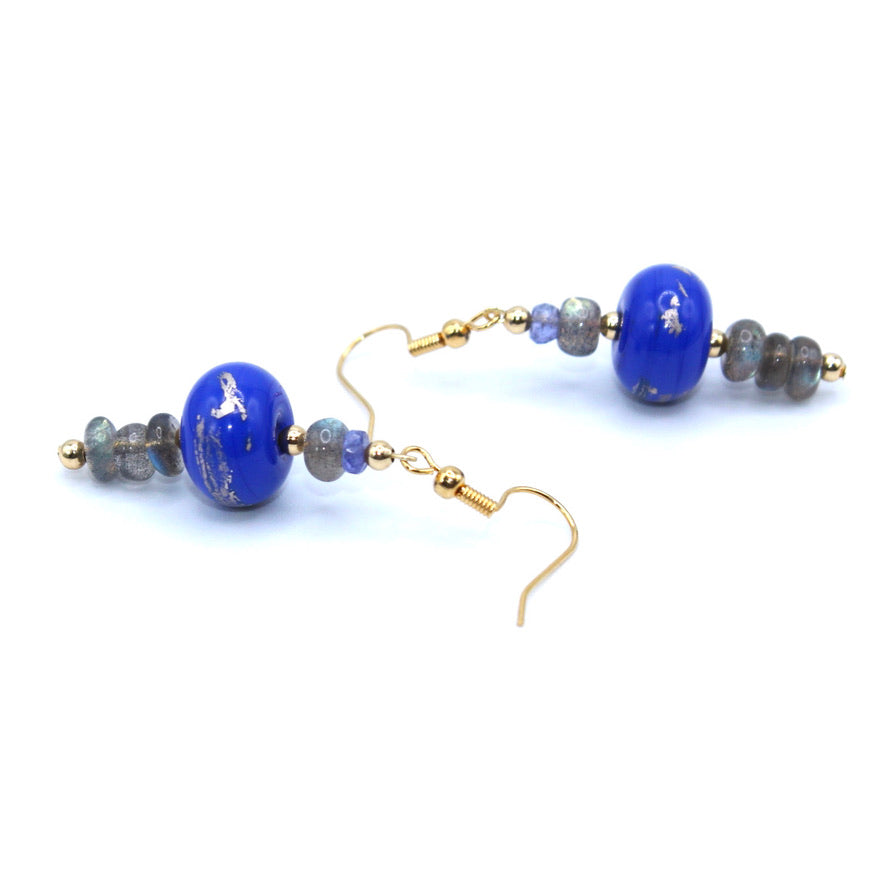 Labradorite Boucles Pépites Murano dorées à l'or fin - Labelle Ikeya Création Originale - Boucles d'oreilles