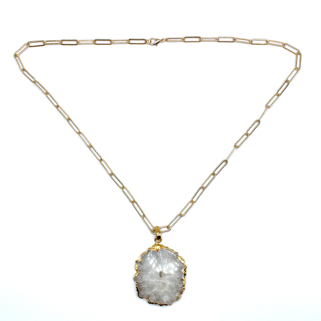 Pendentif d'exception Cristal de Roche serti plaqué Or - Labelle Ikeya Création Originale - Sautoir