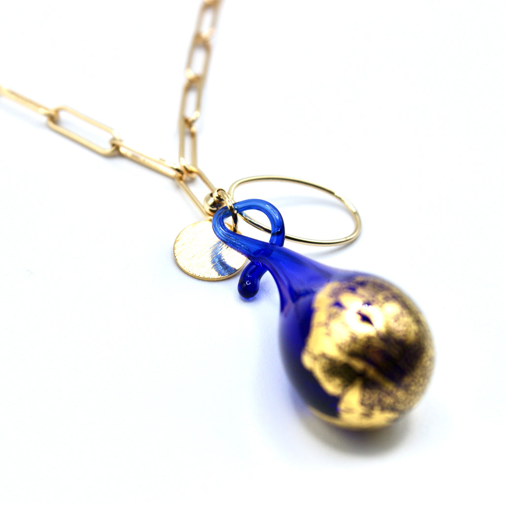 Kankha Blue Murano Sautoir Maille Trombone dorée à l'or fin - Labelle Ikeya Création Originale - Sautoir