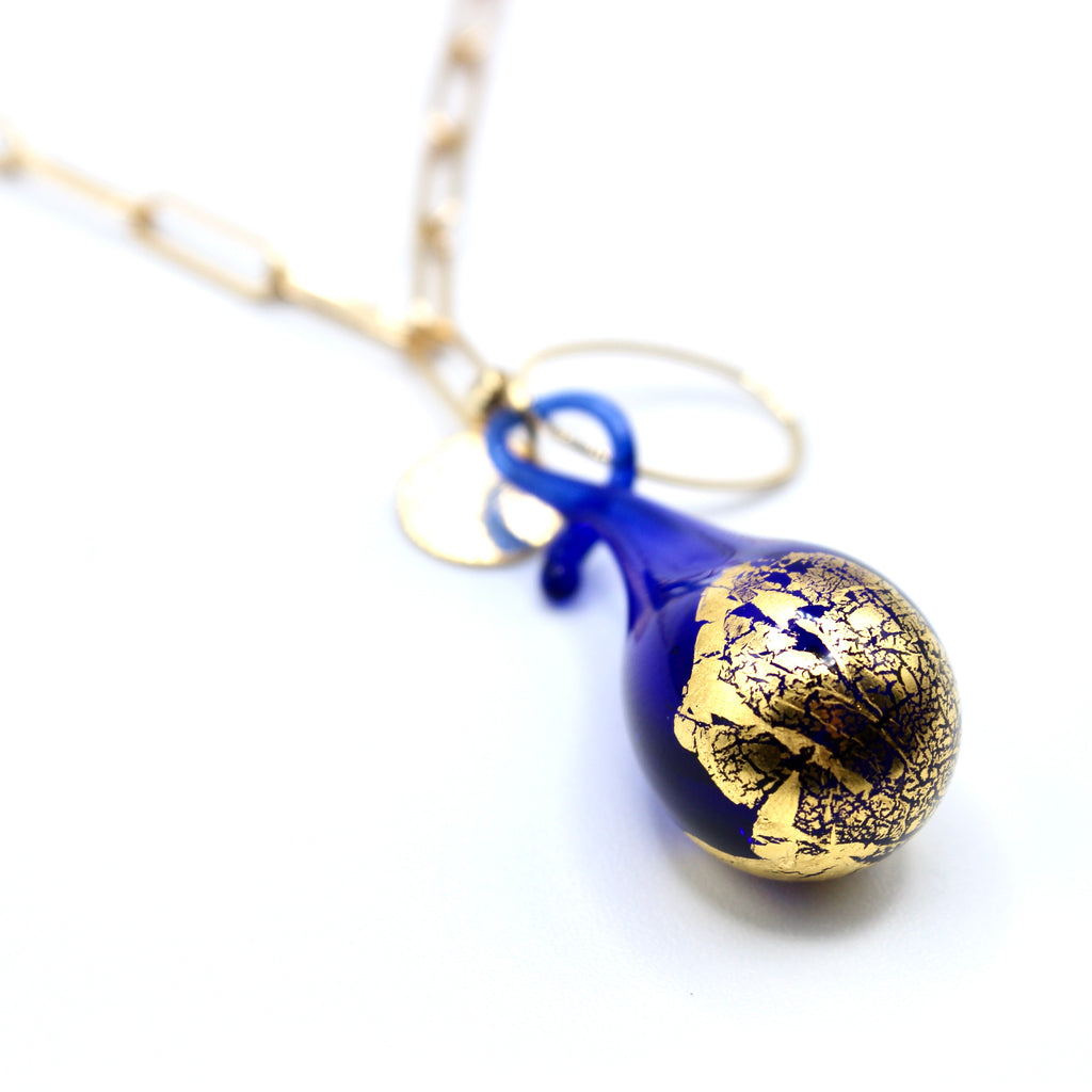 Kankha Blue Murano Sautoir Maille Trombone dorée à l'or fin - Labelle Ikeya Création Originale - Sautoir