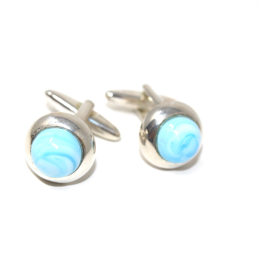 Boutons de Manchettes sertis Bleu Ciel Murano - Labelle Ikeya Création Originale - Boutons de Manchettes