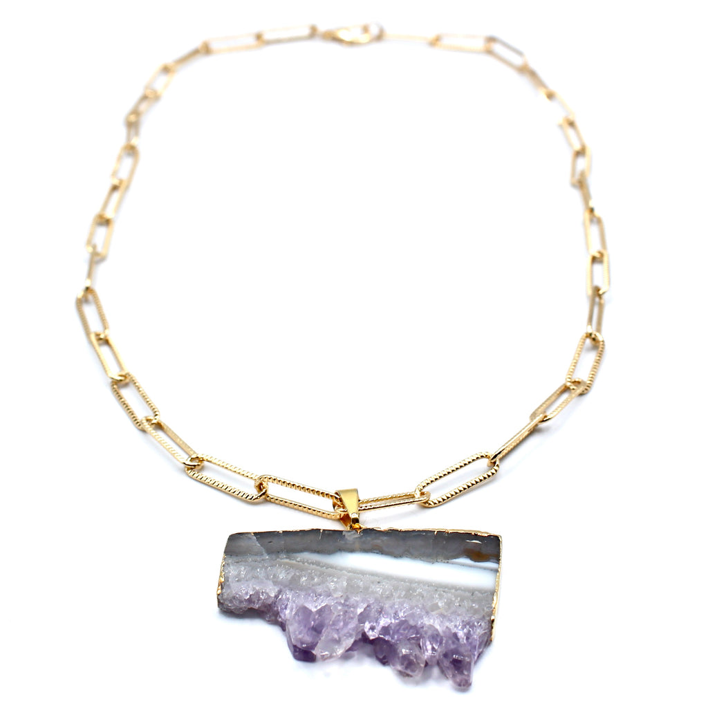 Pendentif d'exception Améthyste Brute sertie plaqué Or - Labelle Ikeya Création Originale - Sautoir